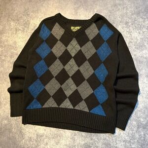 Y2K Grunge Skater Emo Goth Argyle Sweater CARBON Men's Black Small‎